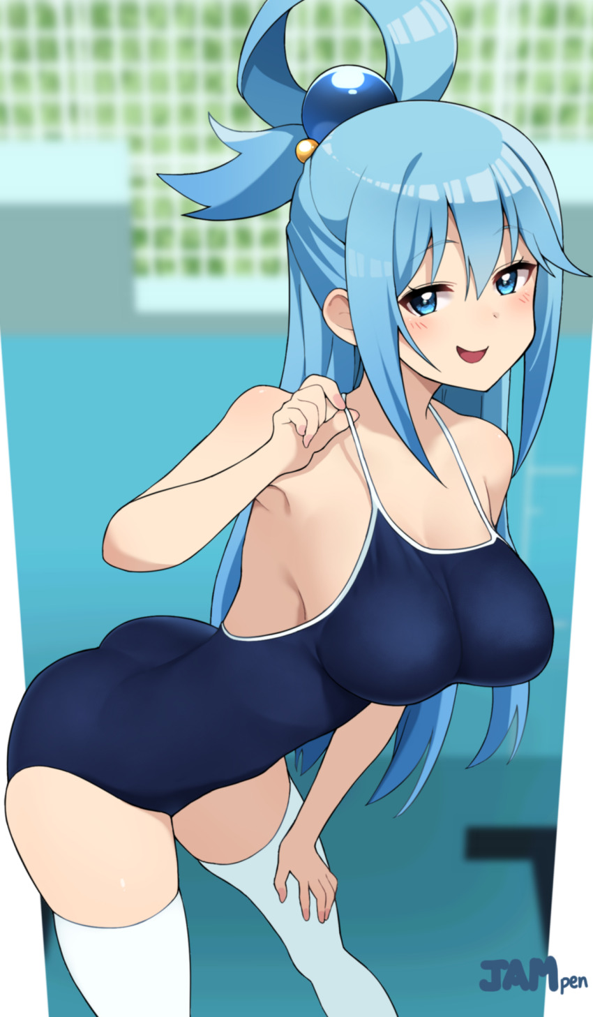 1girl aqua_(konosuba) aqua_eyes aqua_hair ass bent_over blush breasts competition_school_swimsuit hair_bobbles hair_ornament hair_rings highres indoors jampen kono_subarashii_sekai_ni_shukufuku_wo! large_breasts leaning_forward long_hair looking_at_viewer open_mouth poolside school_swimsuit sideboob single_hair_ring smile solo strap_lift swimsuit thighhighs white_thighhighs