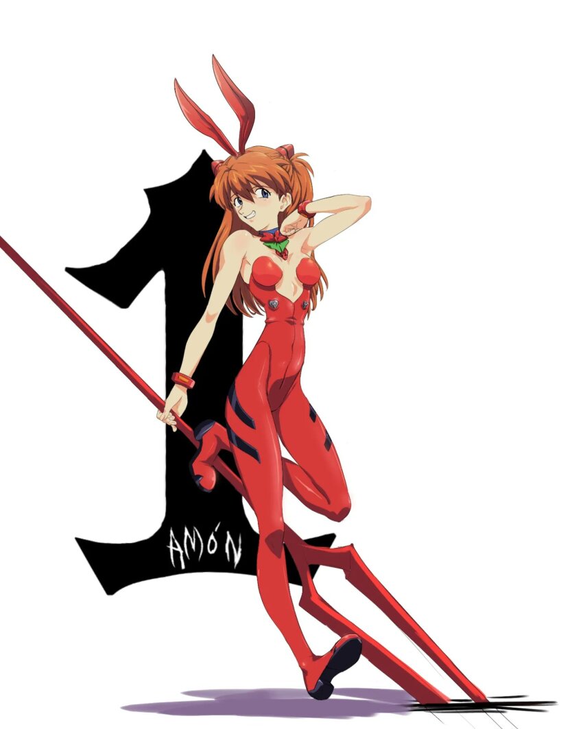 adapted_costume amondetauro animal_ears bodysuit breasts fake_animal_ears grin highres interface_headset_(evangelion) lance_of_longinus_(evangelion) leotard long_hair medium_breasts neon_genesis_evangelion orange_hair playboy_bunny rabbit_ears red_bodysuit simple_background smile souryuu_asuka_langley strapless_bodysuit white_background