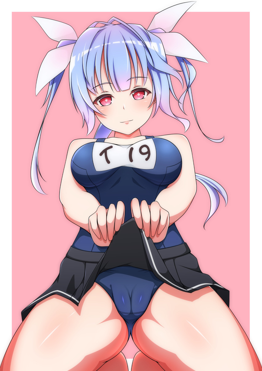 1girl bell_shireikan black_skirt blue_hair blue_one-piece_swimsuit breasts cameltoe clothes_lift hair_ribbon highres i-19_(kancolle) kantai_collection large_breasts lifting_own_clothes long_hair looking_at_viewer miniskirt name_tag one-piece_swimsuit pleated_skirt red_eyes ribbon school_swimsuit skirt skirt_lift solo star-shaped_pupils star_(symbol) swimsuit symbol-shaped_pupils tri_tails