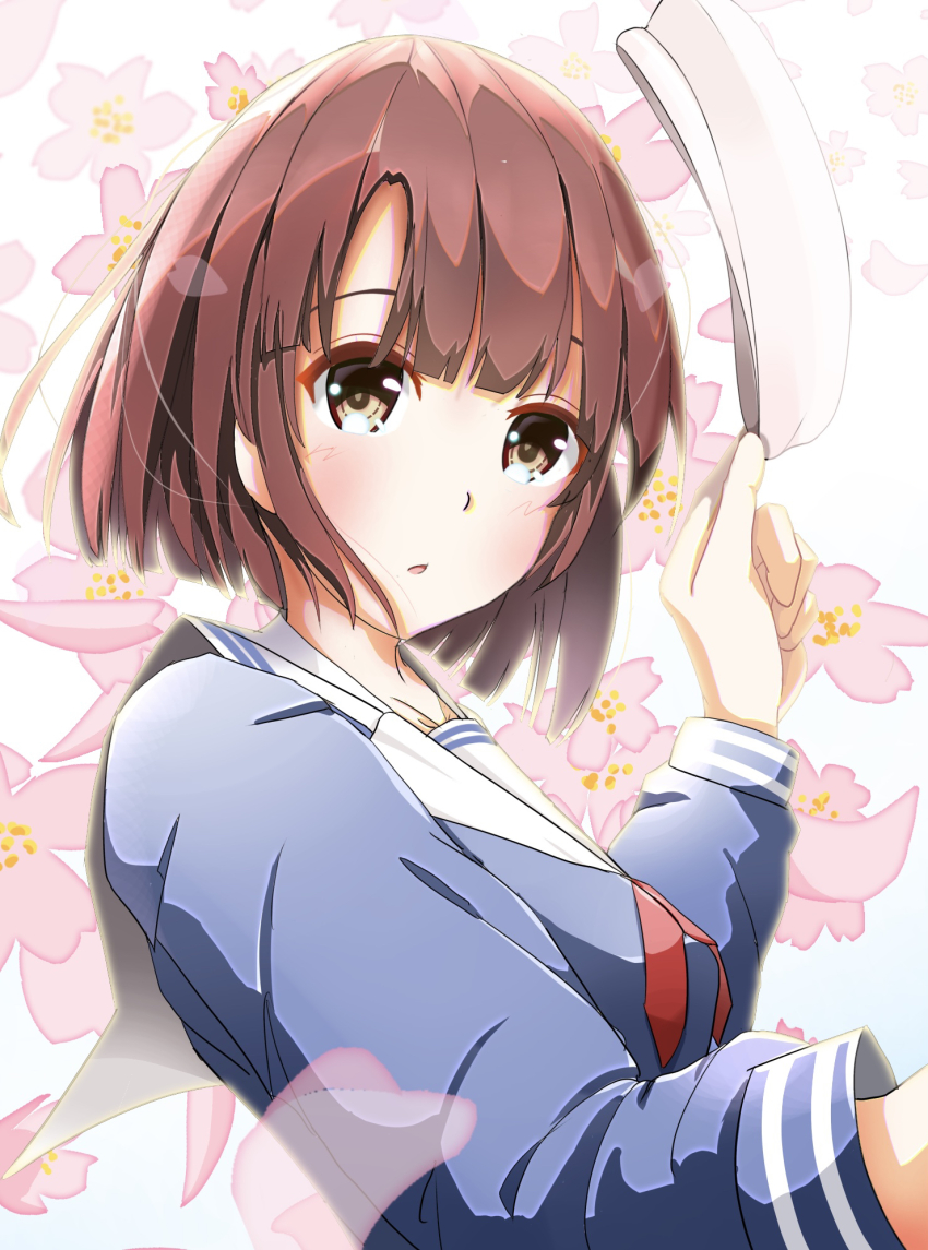 1girl blush bob_cut breasts brown_eyes brown_hair cherry_blossoms cleavage hat highres holding holding_unworn_clothes holding_unworn_hat katou_megumi kirinrinrin long_sleeves looking_up open_mouth ribbon saenai_heroine_no_sodatekata school_uniform short_hair simple_background solo striped_clothes unworn_hat unworn_headwear white_background
