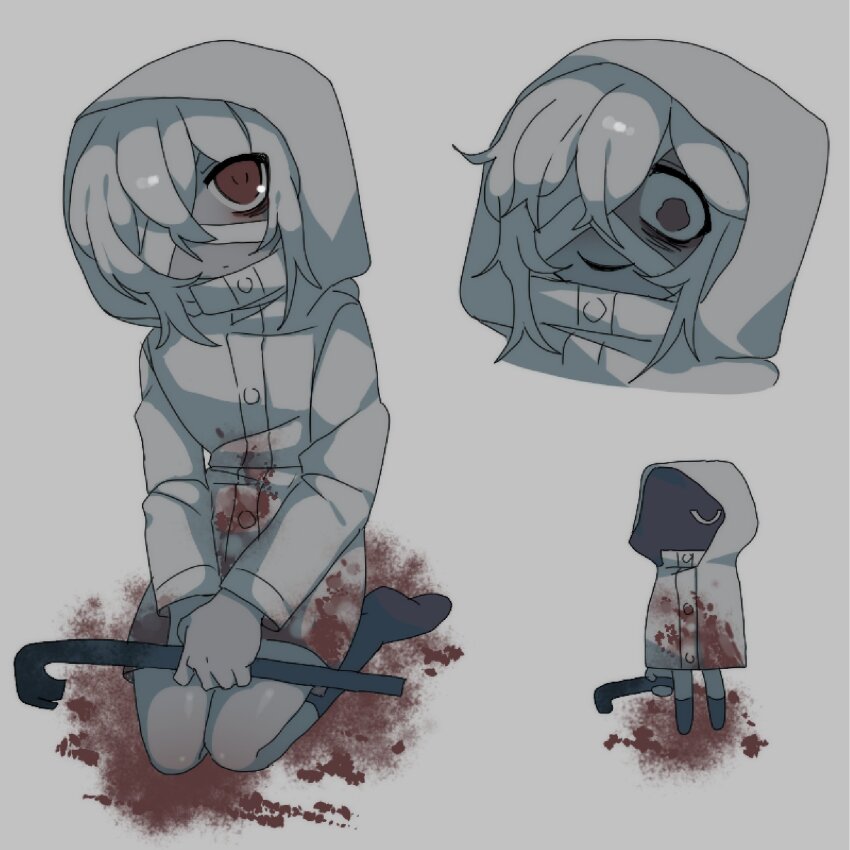 1girl bandage_over_one_eye blood blood_on_clothes brown_eyes crowbar deliriumcenter full_body grey_background grey_hair heroine_(homicipher) highres holding holding_crowbar homicipher hood hood_up multiple_views muted_color raincoat short_hair simple_background