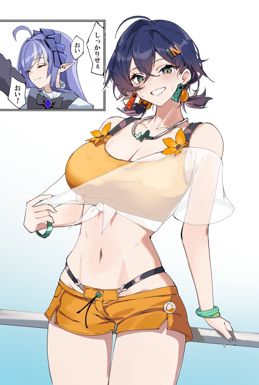 2girls absurdres bare_shoulders belle_(summer_skies)_(zenless_zone_zero) belle_(zenless_zone_zero) bikini blue_hair blush bracelet breasts cleavage closed_eyes green_eyes grin hair_ornament highres jewelry large_breasts letter_hair_ornament looking_at_viewer multiple_girls navel necklace orange_bikini orange_shorts s4ika see-through_clothes see-through_shirt shirt short_hair short_twintails shorts smile speech_bubble swimsuit thighs translation_request twintails vivian_banshee zenless_zone_zero
