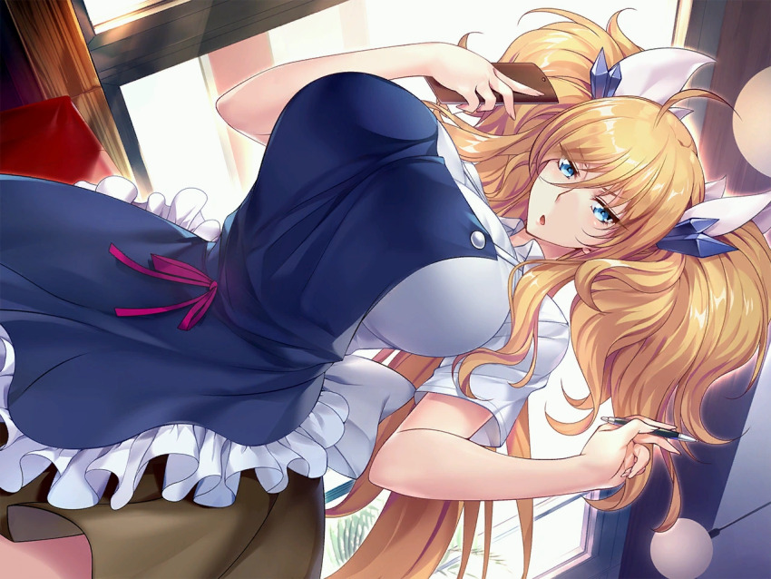 1girl :o action_taimanin aoi_nagisa_(metalder) apron blonde_hair blue_eyes breasts dutch_angle frilled_apron frills game_cg hair_ornament happy holding holding_phone huge_breasts lilith-soft long_hair looking_at_viewer miniskirt notepad onizaki_kirara open_mouth pen phone pleated_skirt ribbon shiny_skin skirt solo taimanin_(series) taimanin_rpgx twintails upper_body waitress waitress_uniform wide_hips window