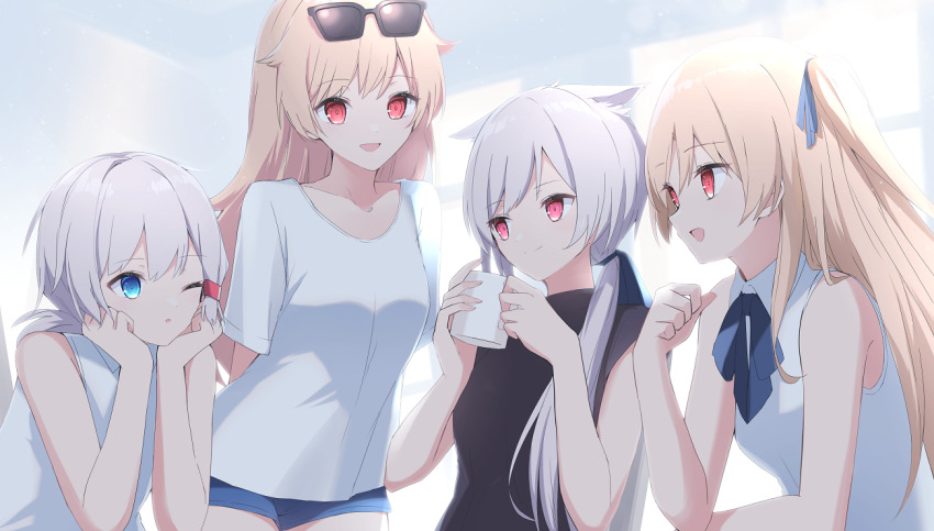 :d ;o a.a_(aa772) animal_ear_fluff animal_ears azur_lane bare_arms bare_shoulders black-framed_eyewear black_shirt blonde_hair blue_bow blue_eyes blue_shorts bow cleveland_(azur_lane) closed_mouth collared_shirt columbia_(azur_lane) commentary_request cup denver_(azur_lane) eyewear_on_head grey_hair hair_between_eyes hands_up holding holding_cup long_hair low_twintails montpelier_(azur_lane) mug one_eye_closed open_mouth parted_lips red_eyes shirt short_shorts short_sleeves shorts sleeveless sleeveless_shirt smile sunglasses twintails two_side_up very_long_hair white_shirt