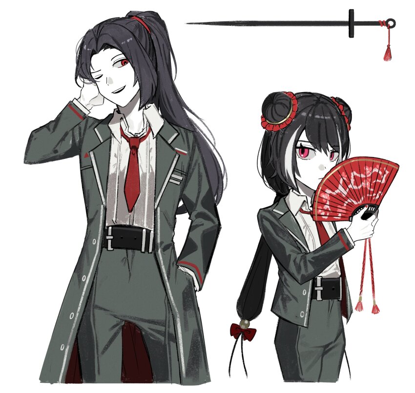 1boy 1girl asdf1211950 black_coat black_hair black_jacket coat folding_fan hand_fan highres holding holding_fan jacket jia_huan_(project_moon) jia_xichun_(project_moon) jian_(weapon) lapels limbus_company long_hair looking_at_viewer notched_lapels pink_hair pink_nails project_moon simple_background twintails very_long_hair white_background