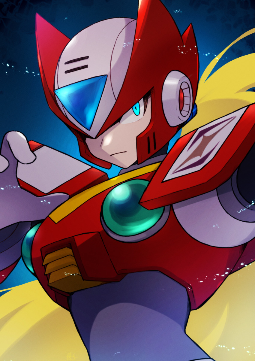 1boy armor blonde_hair blue_eyes chest_jewel forehead_jewel helmet highres long_hair male_focus mega_man_(series) mega_man_x_(series) red_armor red_helmet solo tobitori upper_body zero_(mega_man)
