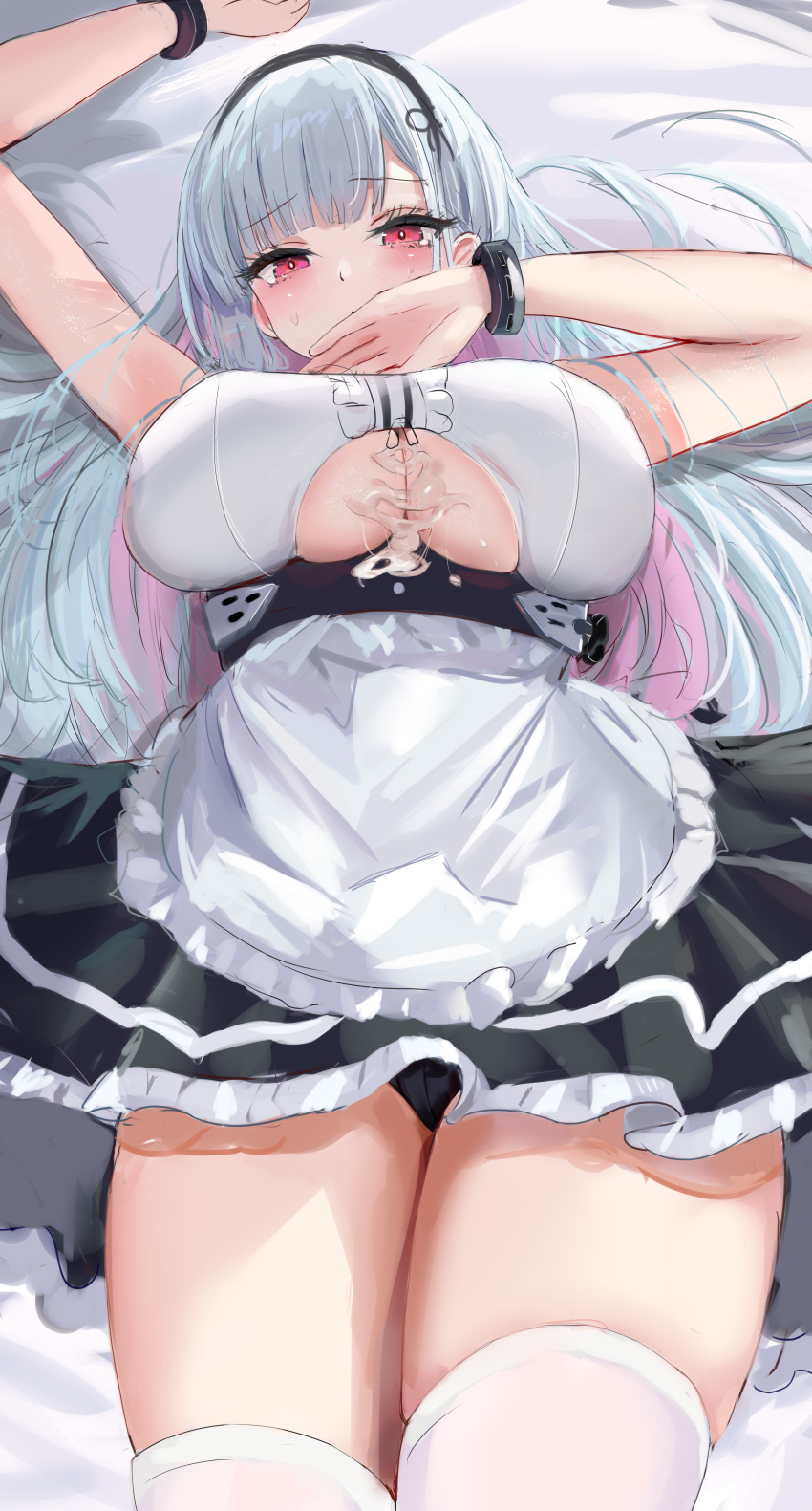 1girl absurdres apron arms_up azur_lane black_hairband black_panties blush breasts colored_skin cum cum_on_body cum_on_breasts cum_on_upper_body dido_(azur_lane) hair_ornament hairband highres long_hair looking_at_viewer lshiki lying maid on_back panties pink_hair red_eyes solo thighhighs thighs underwear white_apron white_hair white_thighhighs
