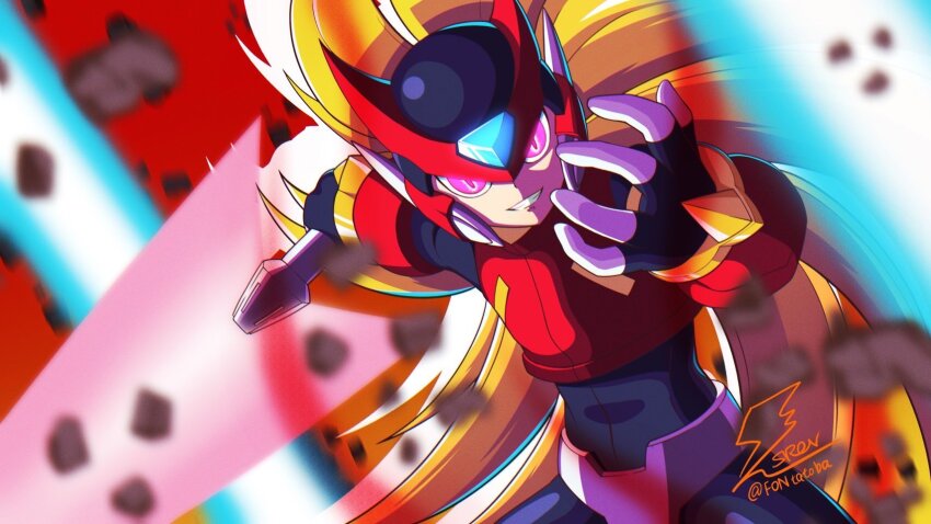 1boy armor blonde_hair blurry blurry_background blurry_foreground cowboy_shot energy_sword fontatoba forehead_jewel glowing glowing_eyes helmet highres holding holding_sword holding_weapon long_hair looking_at_viewer mega_man_(series) mega_man_zero_(series) mega_man_zero_3 omega_(mega_man) purple_eyes red_armor red_background red_helmet solo sword weapon z_saber