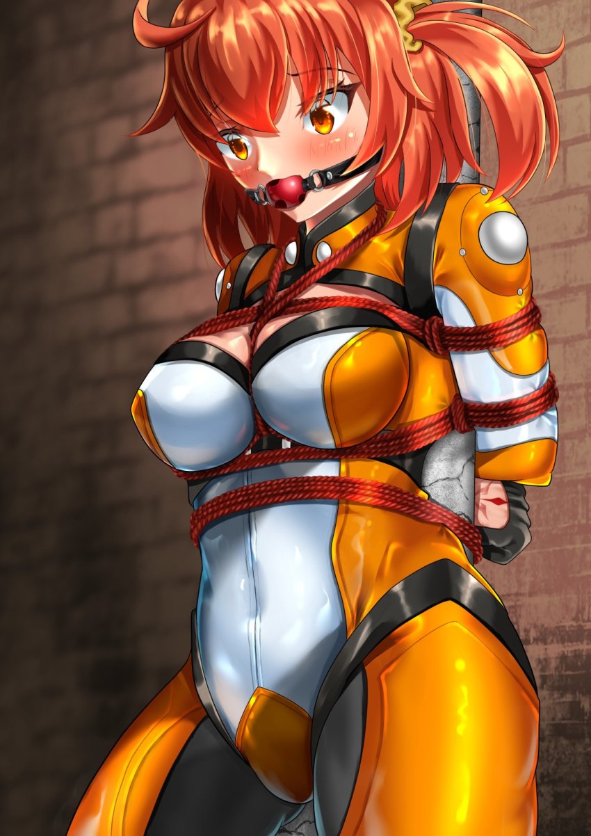 1girl ahoge arms_behind_back ball_gag bdsm blush bodysuit bondage bound command_spell covered_navel dorachan_r fate/grand_order fate_(series) fujimaru_ritsuka_(female) fujimaru_ritsuka_(female)_(chaldea_combat_uniform) gag gloves gluteal_fold highres official_alternate_costume orange_hair restrained shibari short-haired_girl_(osomatsu-san) short_hair side_ponytail solo thighs wiffle_gag yellow_eyes
