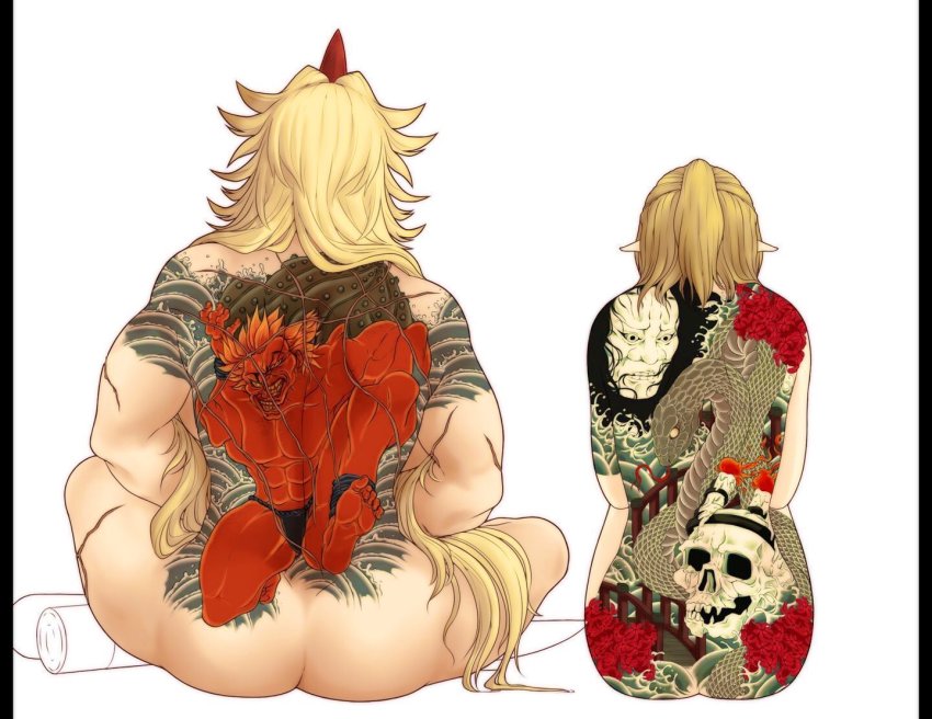 2girls ass back back_tattoo completely_nude from_behind full-body_tattoo grappler_baki horns hoshiguma_yuugi irezumi long_hair messy_hair mizuhashi_parsee multiple_girls muscular muscular_female neko_majin nude oni pointy_ears ponytail scar short_ponytail simple_background single_horn sitting skull skull_tattoo snake snake_tattoo tattoo touhou white_background