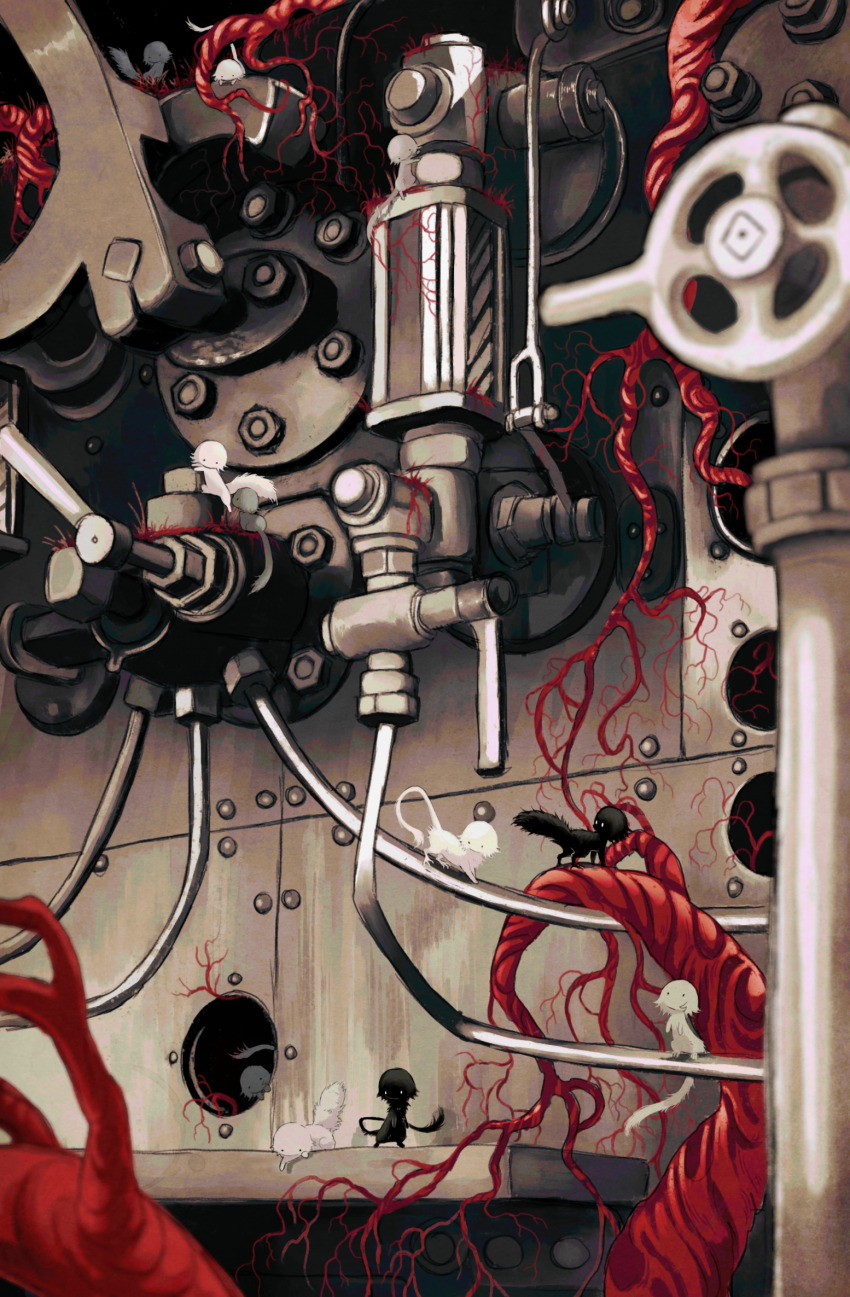 black_fur black_tail creature creature_focus highres hole indoors jejejunum machinery no_humans original plant_roots scenery secret_(jejejunum) valve white_fur white_tail
