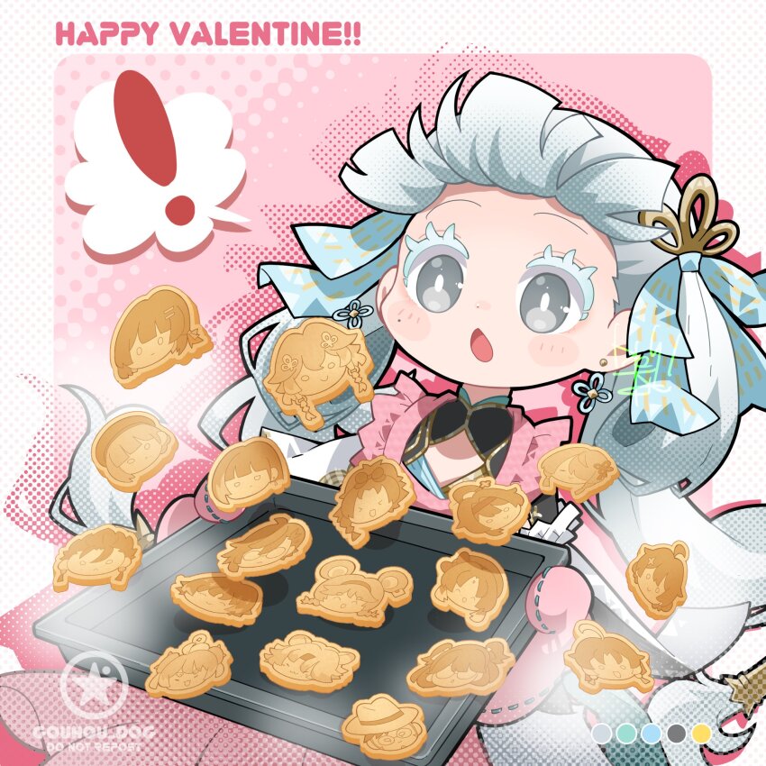 ! 1girl :o apron artist_logo baizhi_(wuthering_waves) black_collar bow bright_pupils changli_(wuthering_waves) chibi chibi_only chixia_(wuthering_waves) collar color_guide colored_eyelashes commentary cookie dalgona danjin_(wuthering_waves) dog-san earrings english_commentary female_rover_(wuthering_waves) food hair_bow happy_valentine highres jewelry jianxin_(wuthering_waves) jinhsi_(wuthering_waves) jiyan_(wuthering_waves) lingyang_(wuthering_waves) logo long_hair lumi_(wuthering_waves) mole mole_on_cheek mortefi_(wuthering_waves) open_mouth pink_apron rover_(wuthering_waves) sanhua_(wuthering_waves) solo spoken_exclamation_mark taoqi_(wuthering_waves) very_long_hair white_bow white_eyelashes white_eyes white_pupils wuthering_waves xiangli_yao_(wuthering_waves) yangyang_(wuthering_waves) yinlin_(wuthering_waves) youhu_(wuthering_waves) yuanwu_(wuthering_waves) zhezhi_(wuthering_waves)