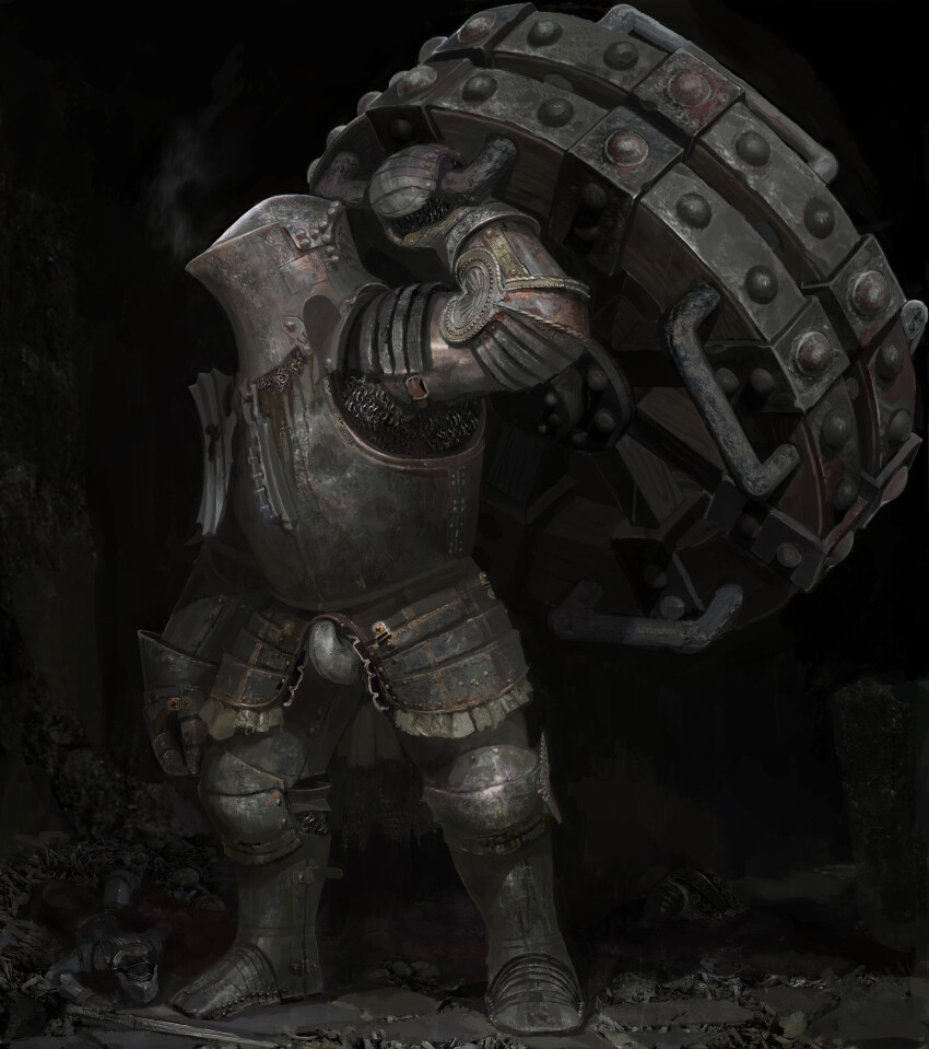 1other absurdres arm_at_side armor black_background chainmail codpiece full_body gauntlets helmet highres original seok_young_choi solo standing wheel