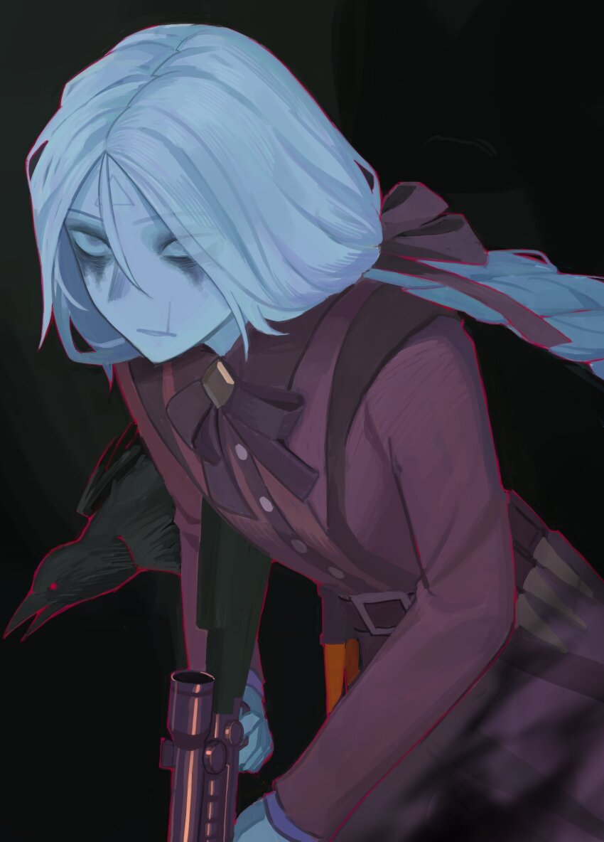 1girl blue_eyes blue_hair blue_skin bow braid colored_skin deadlock dress facial_mark forehead_mark gun hair_bow highres holding holding_gun holding_weapon long2bird red_dress rifle sniper_rifle solo vindicta_(deadlock) weapon