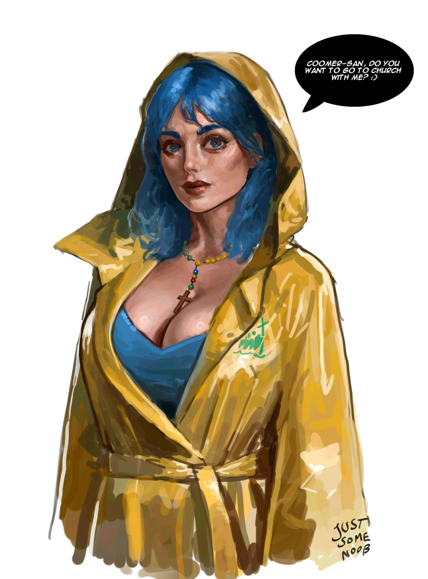 1girl absurdres aged_up blue_eyes blue_hair breasts cleavage coat commentary cross cross_necklace english_text expressionless highres jewelry jubilee_2025 justsomenoob large_breasts luce_(jubilee_2025) necklace raincoat signature solo upper_body yellow_coat yellow_raincoat