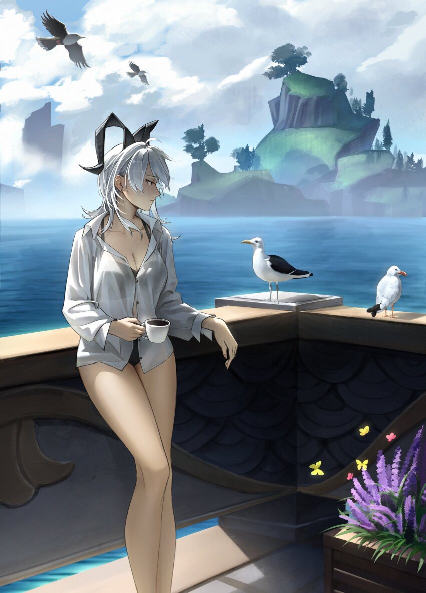 1girl absurdres against_railing black_bra black_horns black_panties blue_sky bra cloud cloudy_sky coffee_mug collarbone commentary cowboy_shot cup curled_horns day english_commentary feet_out_of_frame highres holding holding_cup horns iqbqlz leaning long_hair looking_at_animal mug no_pants outdoors panties railing see-through_clothes see-through_shirt shirt sky solo underwear white_shirt wuthering_waves zani_(wuthering_waves)