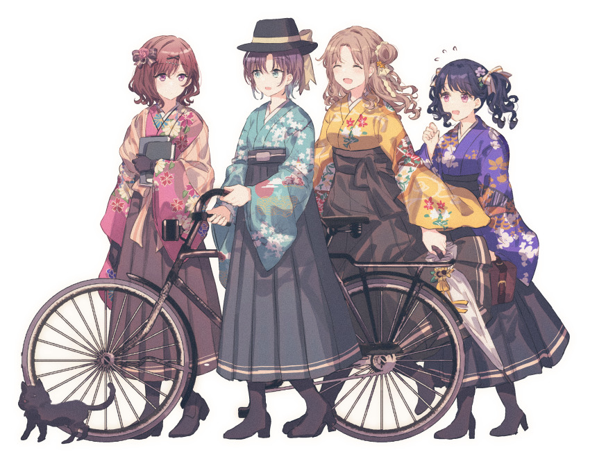 4girls ^_^ animal aqua_eyes asakura_toru bag bicycle black_cat black_footwear black_headwear black_socks blue_hair blue_kimono book brown_bag brown_hair brown_skirt cat closed_eyes closed_mouth dark_blue_hair floral_print flower fukumaru_koito grey_skirt hair_bun hair_flower hair_ornament hair_ribbon hat hat_ribbon high-waist_skirt high_heels highres higuchi_madoka holding holding_book holding_umbrella ichikawa_hinana idolmaster idolmaster_shiny_colors japanese_clothes kimono blue_kimono light_brown_hair long_hair long_skirt looking_at_another messenger_bag migolu multiple_girls noctchill_(idolmaster) open_mouth pink_flower pink_kimono pink_rose pleated_skirt print_kimono purple_eyes purple_hair purple_kimono red_flower red_hair ribbon rose short_hair shoulder_bag simple_background single_hair_bun skirt socks standing striped_ribbon sunflower taishou taishou_era top_hat twintails umbrella white_background white_umbrella wide_sleeves yellow_flower yellow_kimono yellow_ribbon