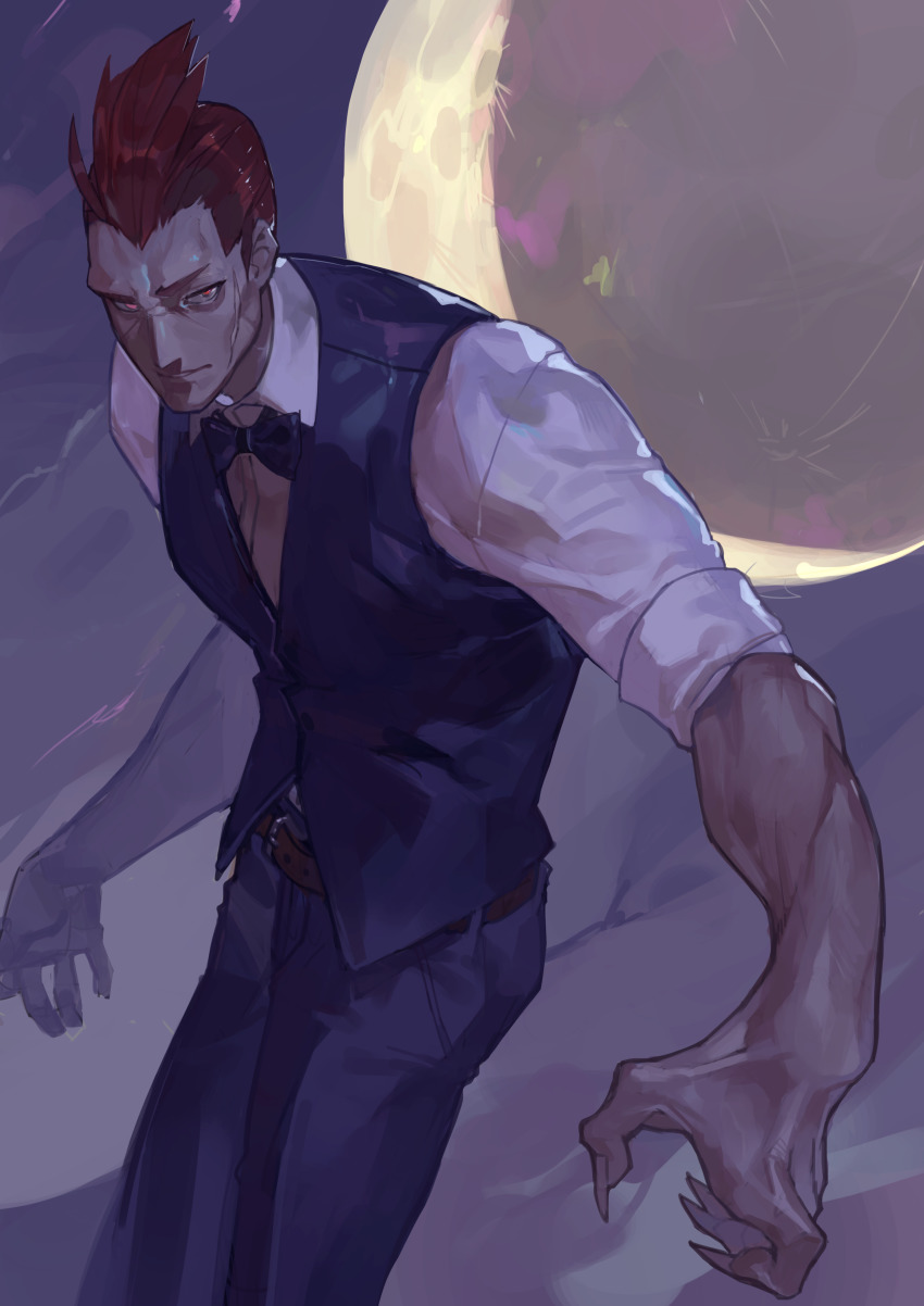 1boy absurdres belt bow bowtie facial_mark fingernails highres larten_crepsley male_focus moon outdoors parted_lips red_eyes red_hair scar scar_on_face sharp_fingernails short_hair sleeve_rolled_up solo the_saga_of_darren_shan uedrk_yamato vampire yellow_moon