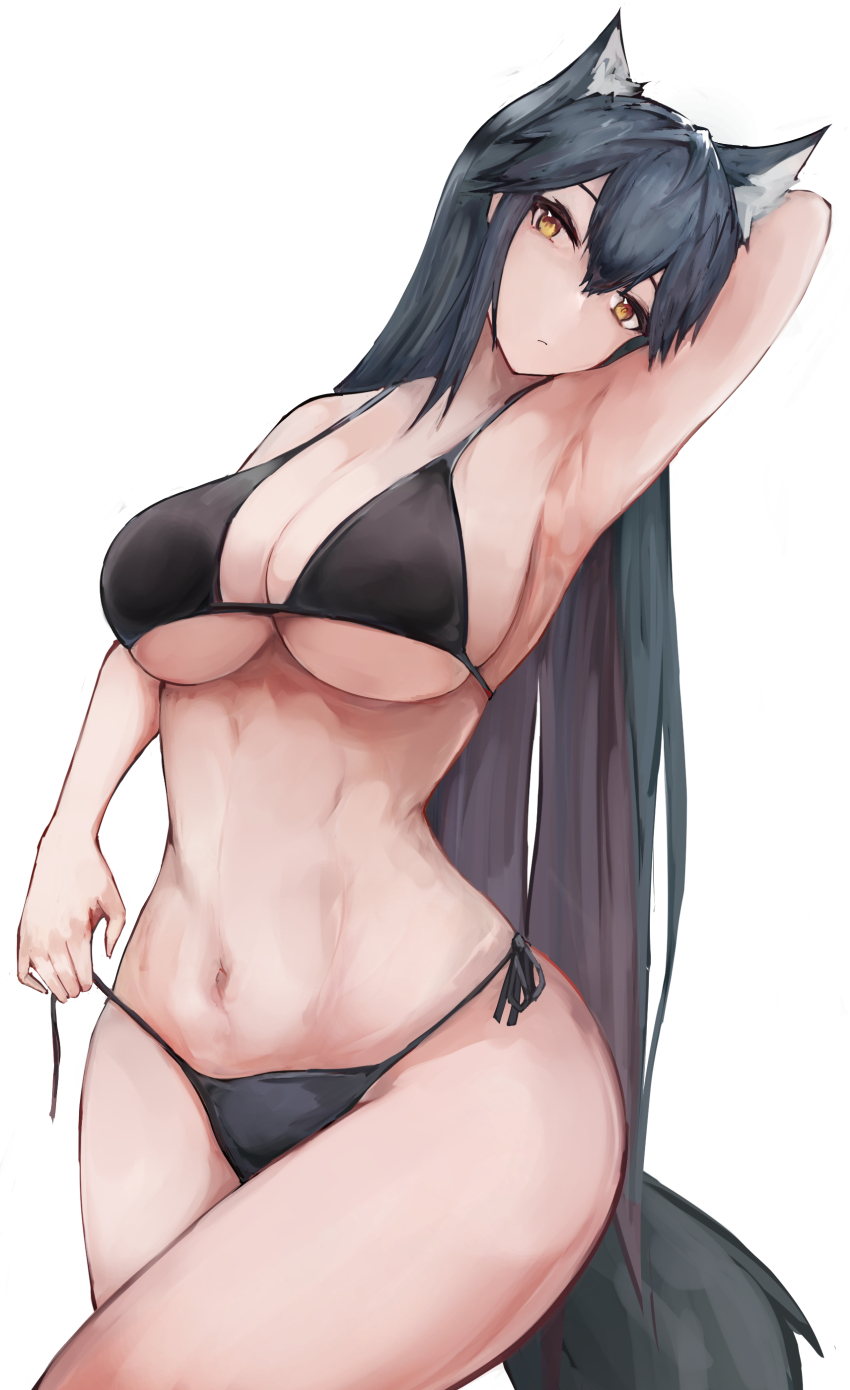 1girl absurdres animal_ear_fluff animal_ears arknights armpits bare_shoulders bikini black_bikini black_hair breasts closed_mouth cowboy_shot hair_between_eyes highres kisumun long_hair looking_at_viewer navel presenting_armpit simple_background solo swimsuit tail texas_(arknights) wolf_ears wolf_girl wolf_tail yellow_eyes