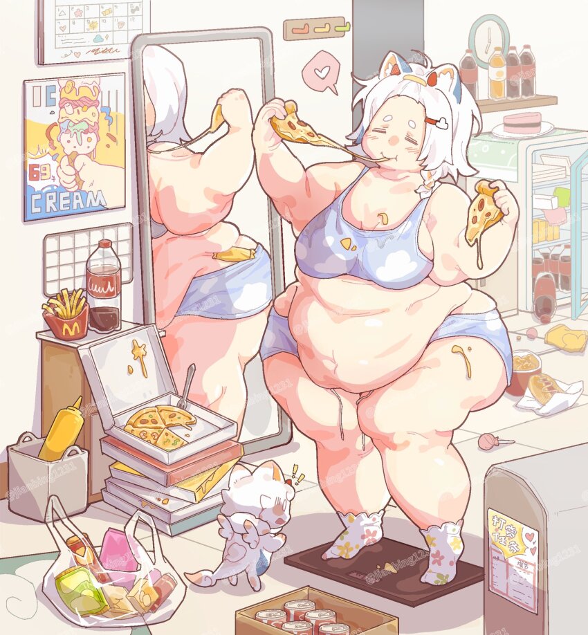 1girl animal_ears belly belly_hang big_belly blonde_hair blue_hair blue_shorts blue_sports_bra blush bottle breasts cheese cheese_trail closed_eyes closed_mouth eating fat fat_woman food french_fries full-length_mirror hair_ornament hairband hairclip heart highres holding holding_food holding_pizza indoors mascot mcdonald&#039;s medium_breasts mirror multicolored_hair navel original pancake33 pizza pizza_box short_shorts shorts sleeveless smile socks soda_bottle solo spoken_heart sports_bra standing thick_thighs thighs topknot twitter_username watermark weighing_scale weight_gain white_hair white_socks wide_hips