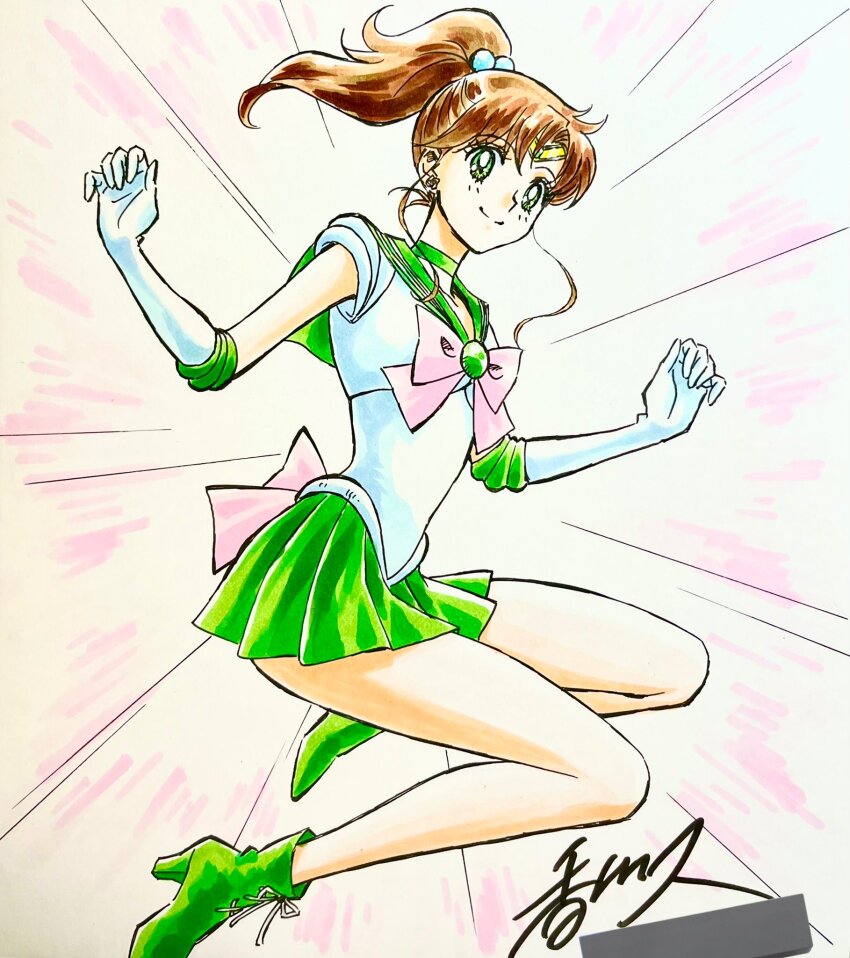 1girl bishoujo_senshi_sailor_moon bow brown_hair choker closed_mouth elbow_gloves full_body gloves green_choker green_eyes green_footwear green_sailor_collar green_skirt green_trim highres kagawa_hisashi magical_girl marker_(medium) pink_bow pleated_skirt ponytail sailor_collar sailor_jupiter sailor_senshi_uniform skier skirt smile solo split_mouth traditional_media white_gloves