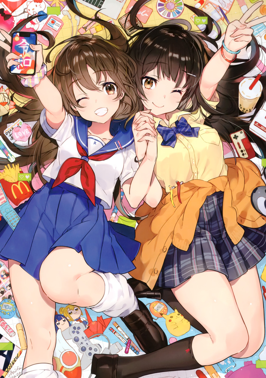 2girls :d absurdres blue_skirt bow bowtie breasts brown_footwear brown_hair can capsule cardcaptor_sakura cellphone collarbone computer controller crepe digital_media_player doll drink_can earbuds earphones eraser famicom famicom_gamepad flip_phone food french_fries furby fuuin_no_tsue game_boy game_boy_(original) game_console game_controller gen_1_pokemon hair_between_eyes hair_ornament hairpin handheld_game_console heisei hello_kitty hello_kitty_(character) highres holding_hands iphone iphone_x ipod_nano ipod_nano_3g jacket knee_up laptop loafers long_hair loose_socks lying makeup mcdonald&#039;s medium_breasts mika_pikazo multiple_girls nintendo on_back one_eye_closed open_mouth origami original paper_crane pen phone pikachu pill pipimi plaid_clothes plaid_skirt playstation_controller pleated_skirt pokemon pokemon_(creature) poptepipic popuko red_bow red_neckwear sanrio school_uniform serafuku shirt shoes skirt smartphone smile socks soda_can stopwatch straight_hair sweater tamagotchi tamagotchi_(classic) thighhighs tomoeda_middle_school_uniform unworn_shoes v wand watch white_shirt yellow_eyes yellow_shirt zettai_ryouiki