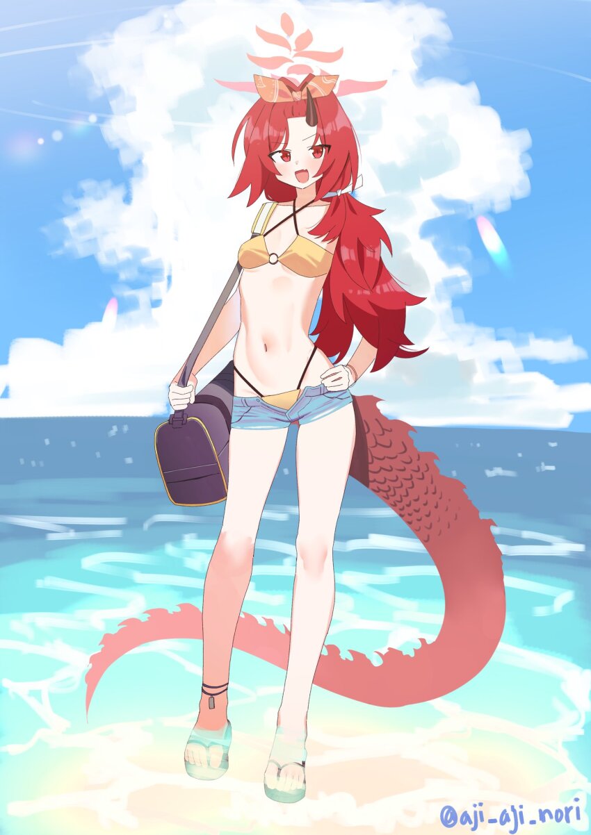 1girl aji_aji_nori bag bikini black_horns blue_archive breasts collarbone denim denim_shorts dragon_girl dragon_tail full_body halo highres horns long_hair looking_at_viewer micro_shorts navel official_alternate_costume open_clothes open_fly open_mouth open_shorts red_eyes red_hair red_halo red_tail renge_(blue_archive) renge_(swimsuit)_(blue_archive) shorts single_horn small_breasts smile solo stomach swimsuit tail twitter_username yellow_bikini