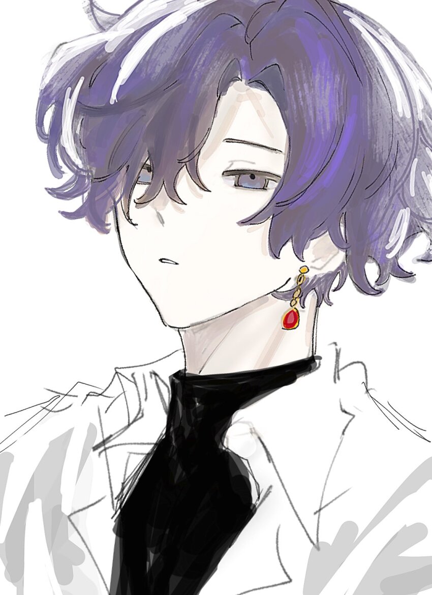 androgynous asahina_mafuyu black_shirt collared_shirt commentary earrings highres jewelry kt_(khnhthynguynvn1) official_alternate_hair_length official_alternate_hairstyle parted_lips project_sekai purple_eyes purple_hair relax_teatime_(project_sekai) shirt short_hair simple_background turtleneck upper_body white_background white_shirt
