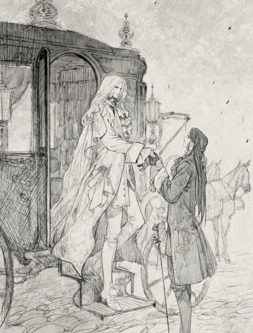 2boys alternate_universe ascot bow cane cape carriage coat curtained_hair eye_contact falling_leaves feet_out_of_frame footwear_bow frilled_sleeves frills full_body gloves greyscale highres holding holding_cane holding_hands horse jinguang_budaixi kneehighs layered_sleeves leaf long_hair long_sleeves looking_at_another low-tied_long_hair male_focus monochrome multiple_boys pants parted_bangs ren_piaomiao shen_gu_wen_huang shoes sidelocks sleeve_cuffs socks stairs standing three_quarter_view walking yu_yu_huadiao