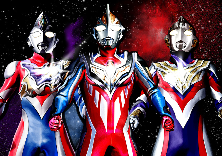 3boys 4ze_meteor alien arm_guards armor asymmetrical_armor blue_skin breastplate clenched_hands color_timer colored_skin commentary compound_eyes cowboy_shot crystal dorsal_fin forehead_jewel galaxy galaxy_background glowing glowing_eyes highres legs_apart looking_up male_focus multicolored_skin multiple_boys muscular muscular_male pectorals purple_skin red_skin shoulder_armor side-by-side silver_skin silver_trim sky standing star_(sky) starry_sky tokusatsu toned toned_male ultra_series ultraman_decker ultraman_decker_(flash_type) ultraman_decker_(series) ultraman_gaia ultraman_gaia_(series) ultraman_gaia_(super_supreme_version) ultraman_trigger ultraman_trigger_(multi_type) ultraman_trigger_(series) white_eyes wrinkled_skin