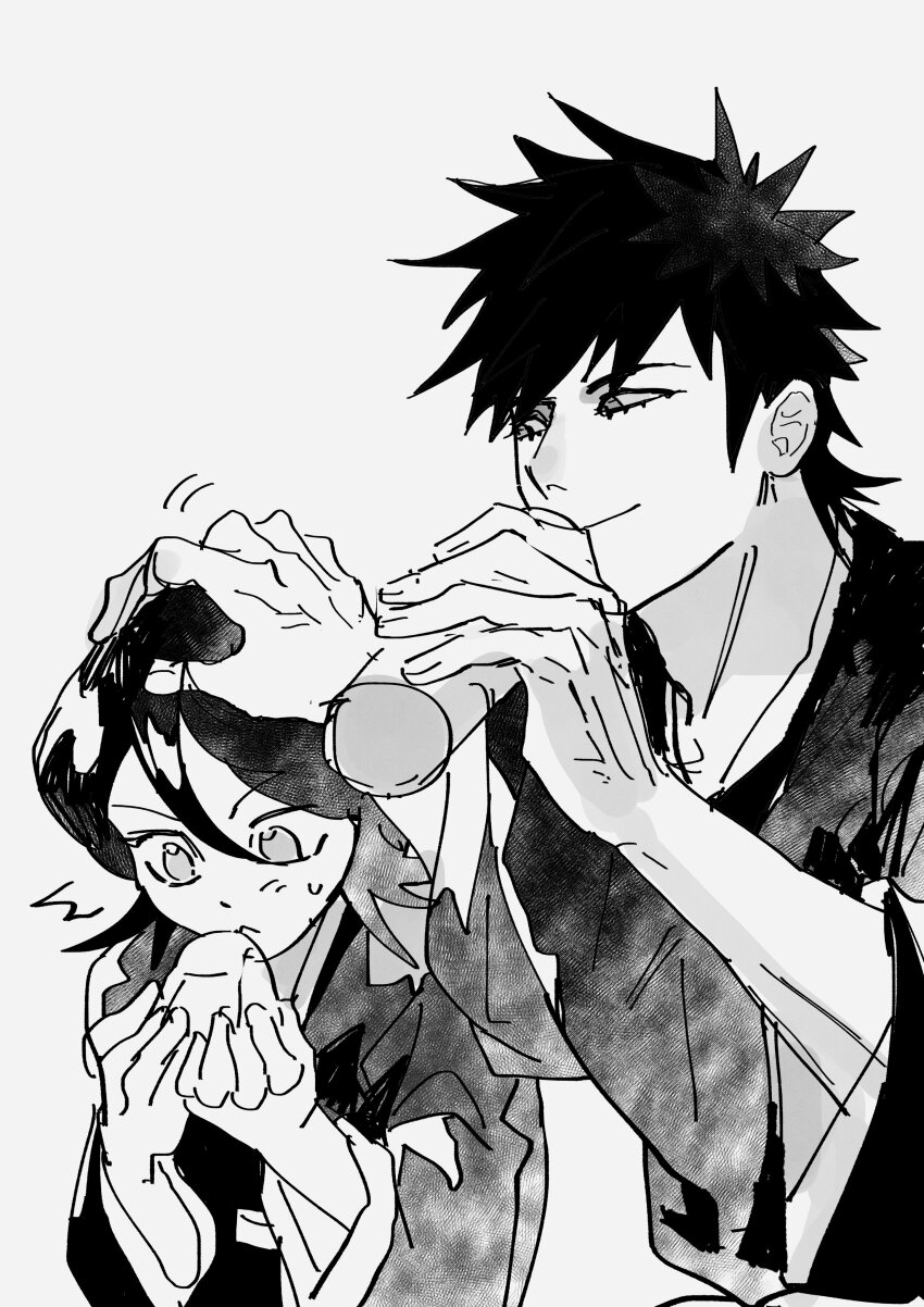 1boy 1girl absurdres black_hair bleach closed_mouth food greyscale hair_between_eyes hand_on_another&#039;s_head highres holding holding_food japanese_clothes kuchiki_rukia medium_hair monochrome nul shiba_kaien short_hair sketch smile sweatdrop upper_body white_background wide_sleeves