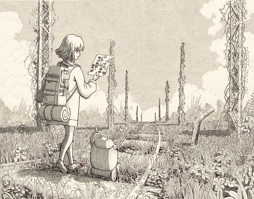 1girl axe backpack bag bedroll cloud grass greyscale hair_ornament hairclip hatchet_(axe) hatching_(texture) highres holding holding_map landscape map monochrome nigirizusi1 non-humanoid_robot original outdoors plant post-apocalypse railroad_tracks robot scenery shoes sky smile traditional_media vines walking