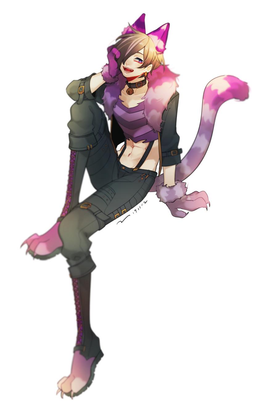 1boy absurdres aiba_ibuki animal_ear_fluff animal_ears animal_hands black_boots black_jacket black_pants boots cat_ears cat_tail cheshire_cat_(alice_in_wonderland) cheshire_cat_(alice_in_wonderland)_(cosplay) commentary_request cosplay dated earrings fur-trimmed_gloves fur_trim gloves highres invisible_chair jacket jewelry male_focus open_mouth pants paw_gloves paw_shoes purple_eyes purple_gloves purple_shirt saibou_shinkyoku shirt simple_background sitting smile solo striped_clothes striped_shirt suspenders tail torn_clothes torn_shirt white_background yokuhaku