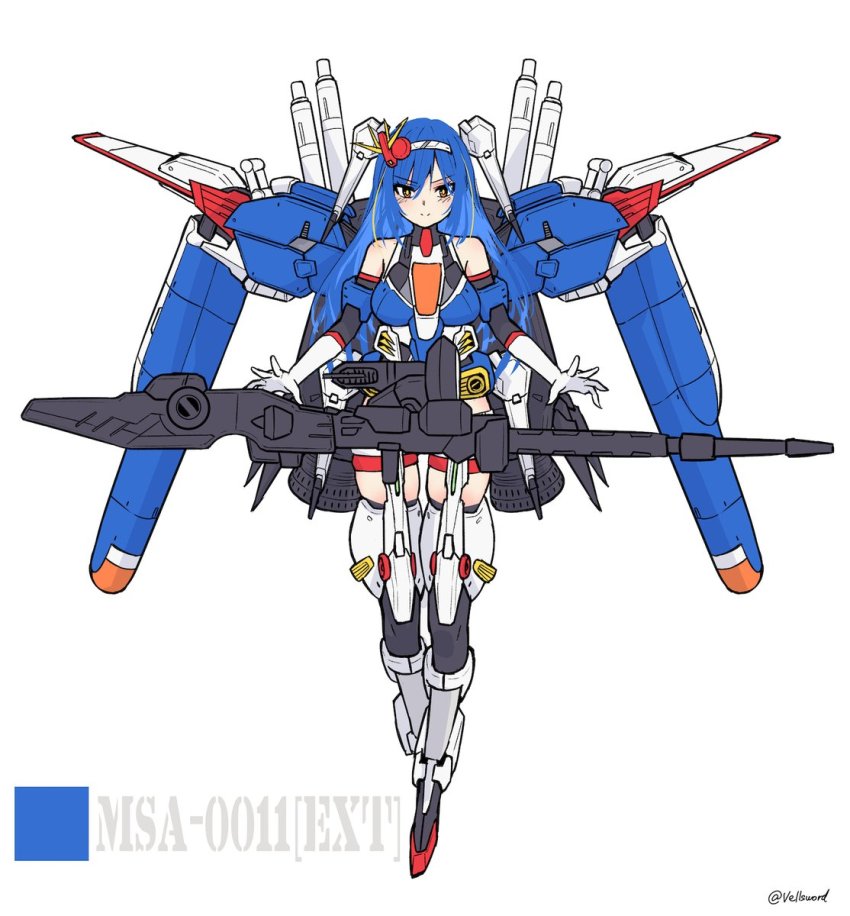 1girl blue_hair boots breasts brown_eyes ex-s_gundam gloves gun gundam gundam_sentinel highres i.takashi looking_down mecha_musume medium_breasts open_hands personification skindentation smile solo thigh_boots thighhighs v-fin v-shaped_eyebrows weapon white_background white_gloves