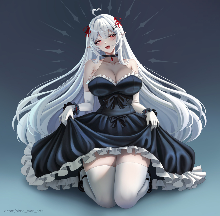 1girl absurdres ahoge black_dress black_shoes breasts dress elbow_gloves frilled_dress frills gloves hair_ribbon highres hime_tyan_art indie_virtual_youtuber kazeki_(vtuber) kneeling lips long_hair open_mouth pointy_ears red_ribbon ribbon see-through_cleavage see-through_clothes shoes skirt_hold solo teeth thighhighs twitter_username upper_teeth_only virtual_youtuber white_gloves white_hair white_thighhighs