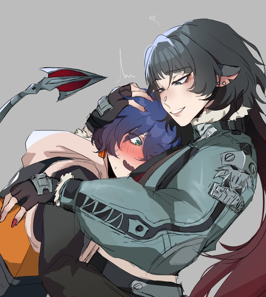 absurdres animal_ears belle_(zenless_zone_zero) black_hair black_sweater blue_eyes blue_hair blush bomber_jacket calixxx embarrassed fingerless_gloves flustered gacha_(game_mechanic) gloves green_eyes grey_jacket hair_ornament highres hood hoodie jacket jane_doe_(zenless_zone_zero) mature_female mihoyo mouse_ears mouse_tail nail_polish smirk sweater tail tall_female yuri zenless_zone_zero
