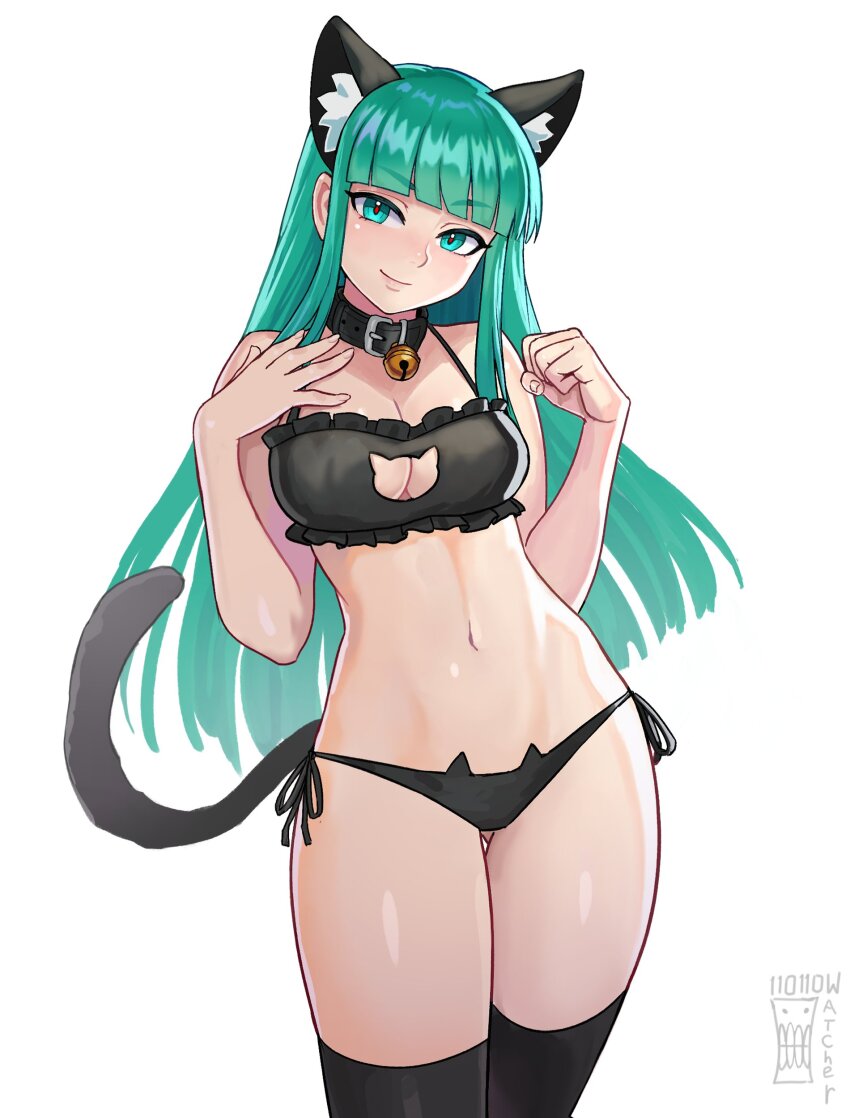 1girl absurdres animal_ears bare_shoulders bikini black_tail black_thighhighs breasts cat_cutout cat_ear_bikini cat_tail cleavage cleavage_cutout clothing_cutout cowboy_shot darkstalkers fake_animal_ears green_eyes green_hair highres long_hair medium_breasts morrigan_aensland side-tie_bikini_bottom simple_background solo swimsuit tail thighhighs watcher_hollow white_background