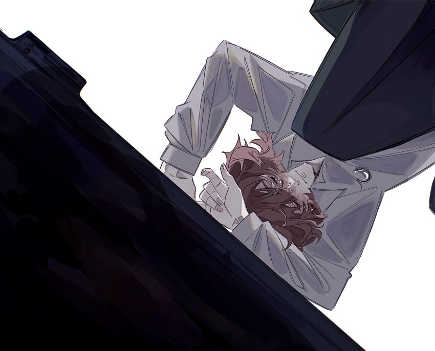 1boy black_pants brown_hair classicaloid closed_eyes collared_shirt crying fingernails frederic_chopin_(classicaloid) from_below grey_shirt highres leaning_on_object long_sleeves male_focus messy_hair nameplate_(idonotcare107) pants sad shirt short_hair simple_background sitting solo tears white_background