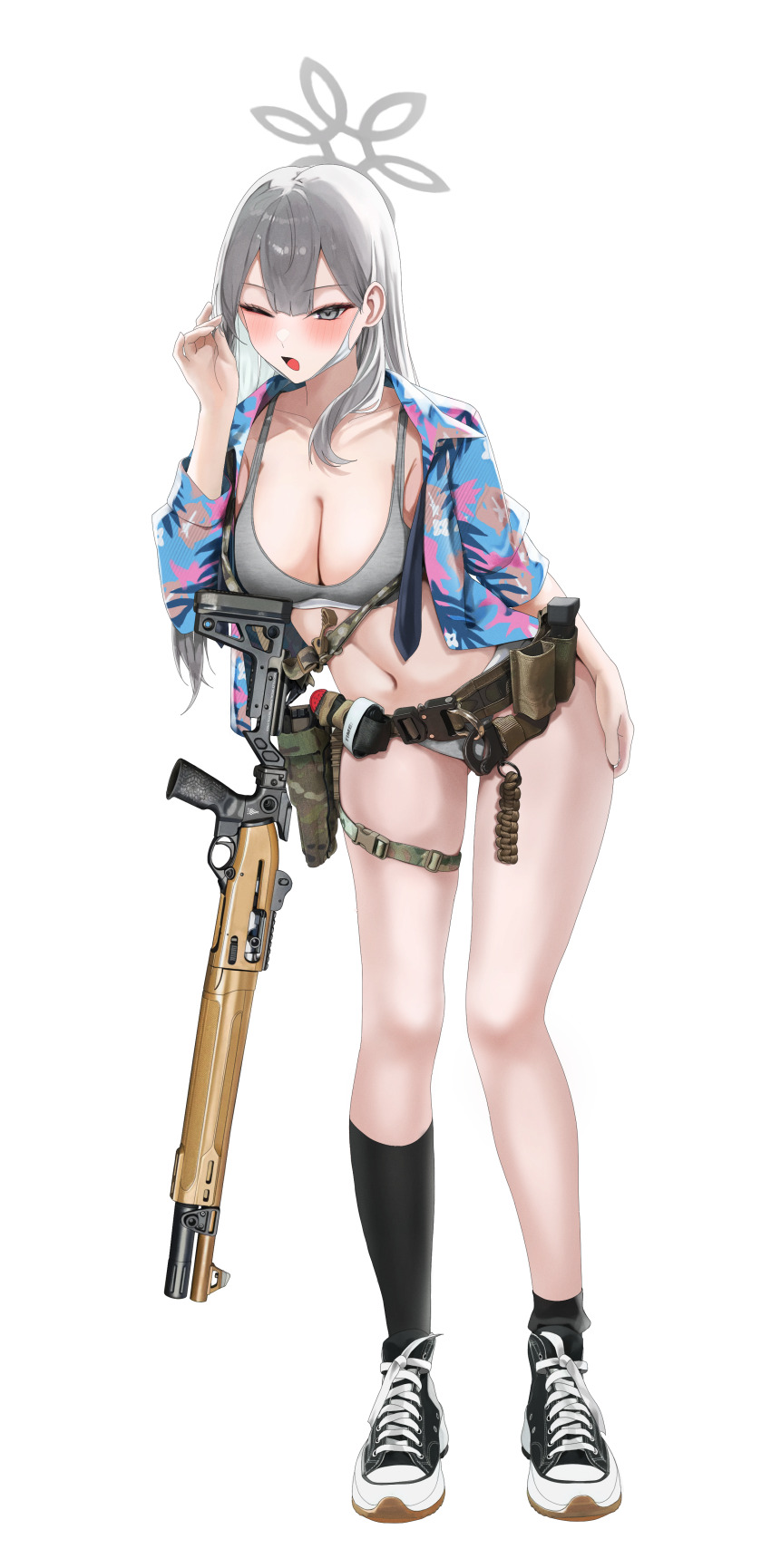 1girl absurdres belt black_socks blue_archive blue_shirt blush bra breasts cleavage collarbone commentary_request floral_print_shirt fte_(fifteen_199) full_body grey_bra grey_eyes grey_hair grey_panties hand_up hawaiian_shirt highres konoka_(blue_archive) long_hair looking_at_viewer mask mask_lift mask_pull medium_breasts mismatched_socks mouth_mask navel one_eye_closed open_clothes open_mouth open_shirt panties shirt shoes simple_background socks solo standing thighs underwear utility_belt weapon weapon_case weapon_request white_background white_mask