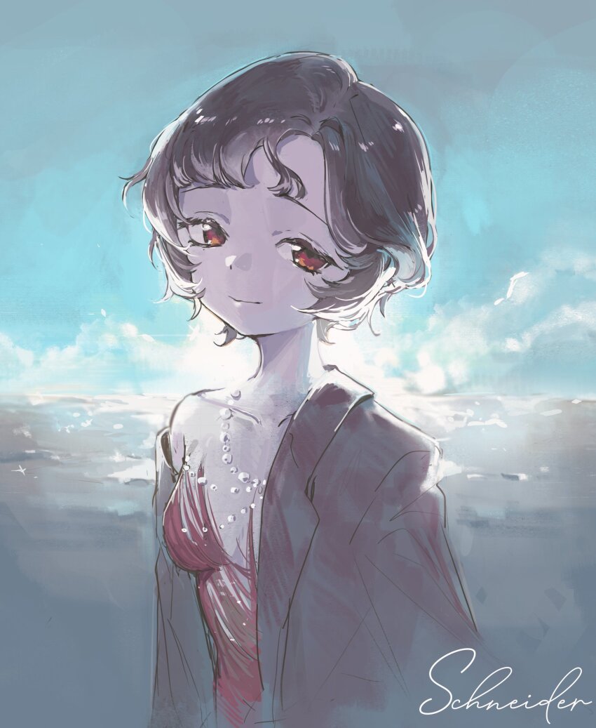 1girl absurdres black_cat black_hair blue_sky cat chacha_(chachachaqqq) character_name cloud dress highres jewelry looking_at_viewer necklace pearl_necklace red_dress red_eyes reverse:1999 schneider_(reverse:1999) short_hair single_bare_shoulder single_off_shoulder sky smile solo strapless strapless_dress upper_body