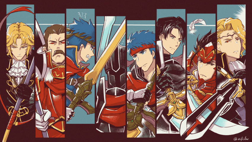 6+boys alondite armor black_armor black_hair black_knight_(fire_emblem) blonde_hair blue_eyes blue_hair brown_hair camus_(fire_emblem) cape commentary_request dual_persona eifilet facial_hair feathers fire_emblem fire_emblem:_new_mystery_of_the_emblem fire_emblem:_path_of_radiance fire_emblem:_radiant_dawn fire_emblem:_shadow_dragon fire_emblem_fates gradivus green_eyes hardin_(dark_emperor)_(fire_emblem) hardin_(fire_emblem) headband helmet highres holding holding_polearm holding_sword holding_weapon ike_(fire_emblem) ike_(vanguard_legend)_(fire_emblem) male_focus multiple_boys mustache nintendo polearm ragnell raijinto_(fire_emblem) red_armor red_eyes ryoma_(fire_emblem) short_hair siegfried_(sword) spoilers sword twitter_username upper_body weapon xander_(fire_emblem) yellow_eyes zelgius_(fire_emblem)