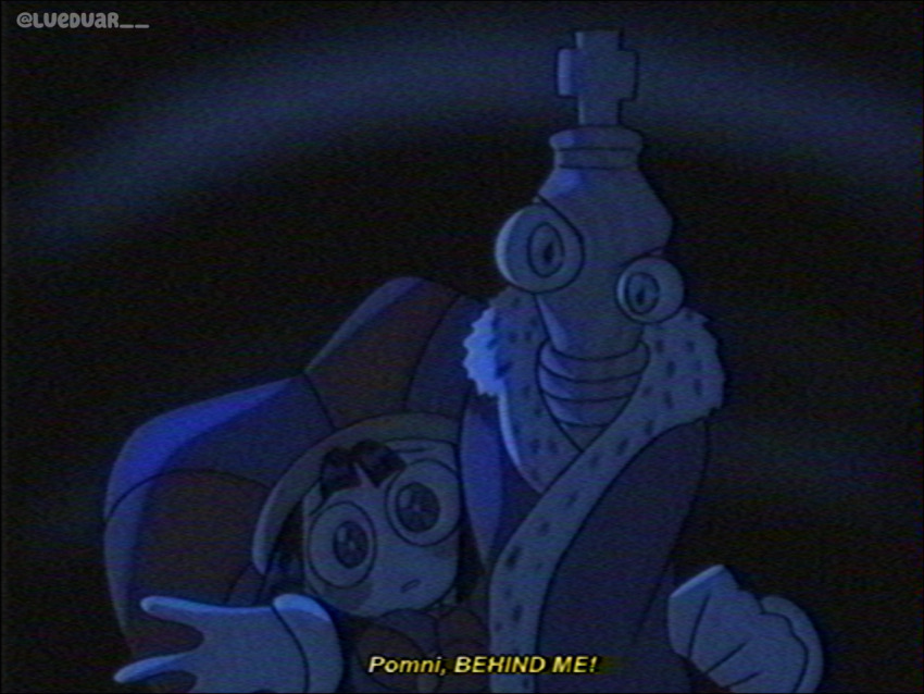 1990s_(style) 1boy 1girl blush_stickers chess_piece commentary disembodied_hand english_commentary fur-trimmed_robe fur_trim furrowed_brow gloves hat jester jester_cap king_(chess) kinger_(the_amazing_digital_circus) looking_at_viewer lueduar pomni_(the_amazing_digital_circus) retro_artstyle robe scene_reference the_amazing_digital_circus twitter_username upper_body vhs_artifacts white_gloves