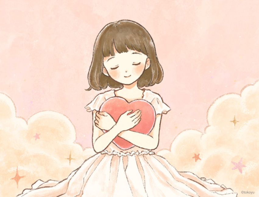 1girl blush brown_hair closed_eyes closed_mouth cloud dot_nose dress facing_viewer heart light_smile hugging_object original pink_background pink_dress pink_sky pink_theme short_hair short_sleeves sky solo star_(symbol) tokoyu white_dress