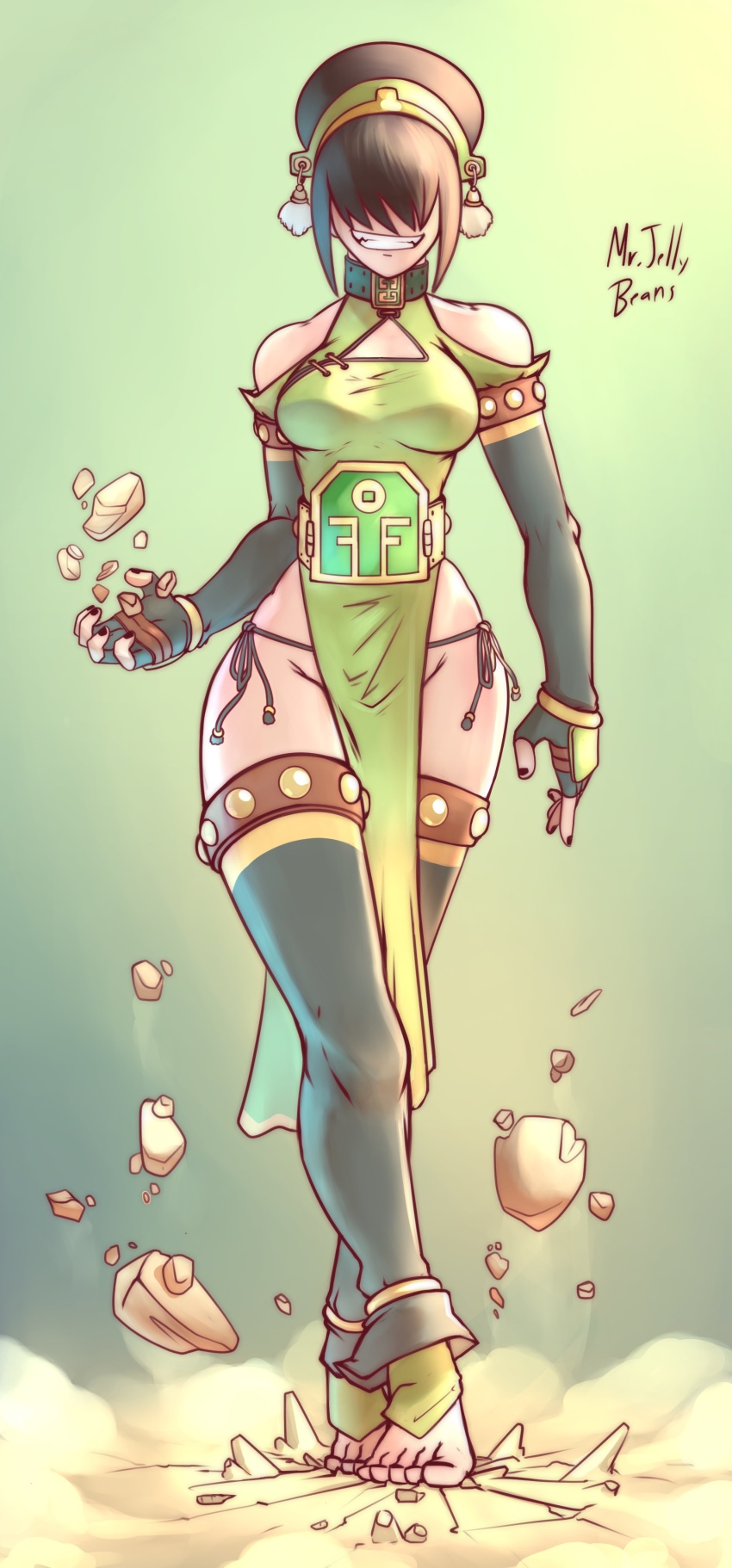 1girl absurdres alternate_costume avatar:_the_last_airbender avatar_legends bare_shoulders barefoot black_hair breasts dress element_bending geokinesis green_dress grin hair_ornament hair_over_eyes hairband highres medium_breasts mr.jellybeans nail_polish nickelodeon panties pelvic_curtain short_hair side-tie_panties smile solo thighhighs toph_beifong underwear