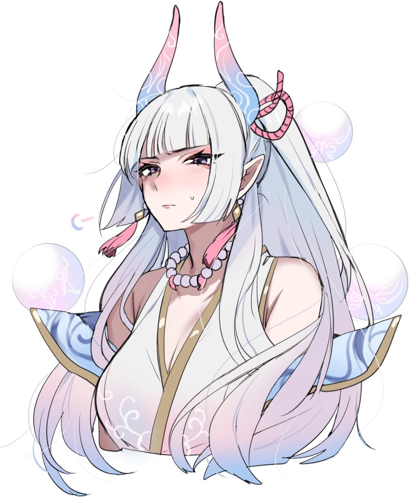 1girl bare_shoulders blunt_bangs breasts cleavage grey_hair highres horns japanese_clothes jewelry kimono league_of_legends long_hair medium_breasts miko necklace ponytail purple_eyes shibori_kasu_(uuu_u22) solo syndra white_background white_hair