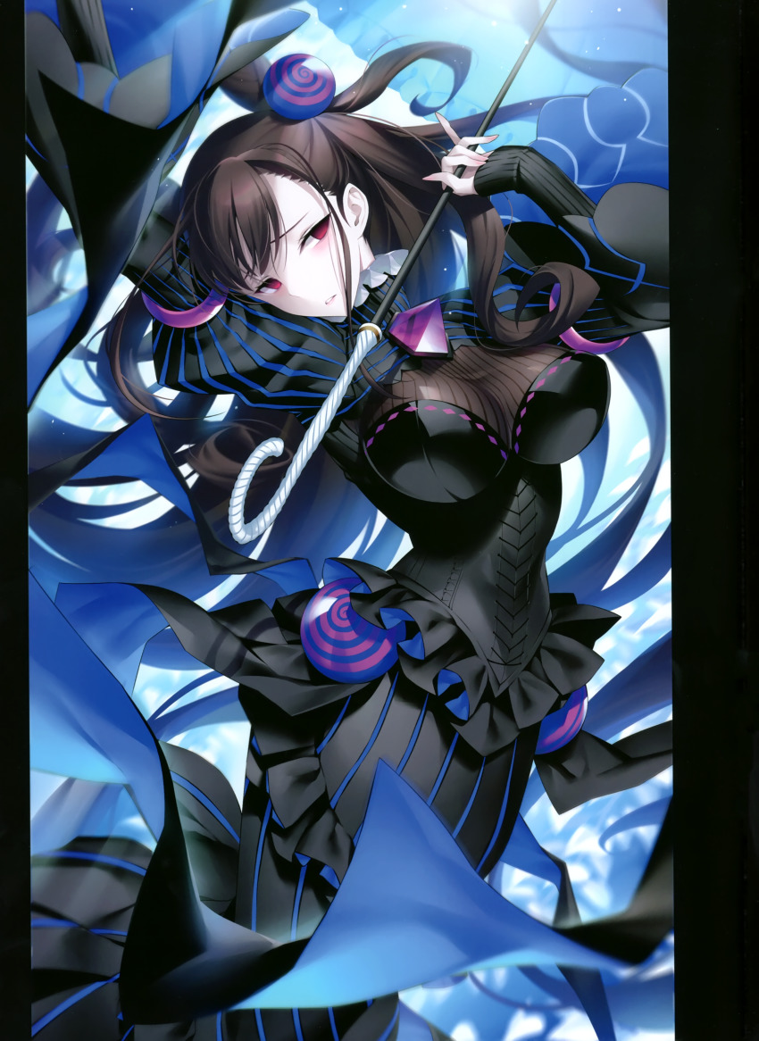 1girl absurdres arm_up artist_name black_dress breasts brown_hair cone_hair_bun double_bun dress fate/grand_order fate_(series) female_focus gem hair_between_eyes hair_bun hair_ornament highres kousaki_rui large_breasts long_hair long_sleeves looking_at_viewer murasaki_shikibu_(fate) parted_lips puffy_sleeves purple_eyes ribbed_dress scan signature solo spiral two_side_up umbrella very_long_hair