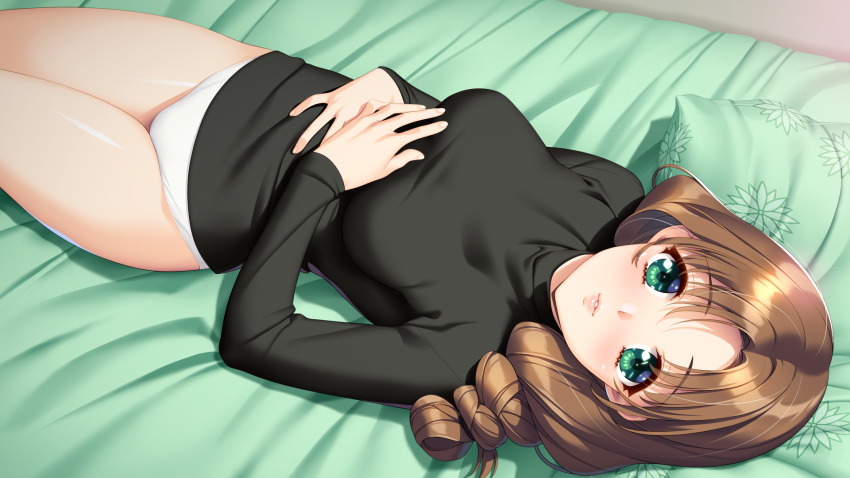 1girl bare_legs bed_sheet black_shirt braid braided_ponytail breasts brown_hair doukyuusei_(series) doukyuusei_2 floral_print game_cg green_eyes hair_intakes hands_on_own_stomach highres indoors long_hair long_sleeves looking_at_viewer lying medium_breasts official_art on_back on_bed panties parted_lips pillow print_pillow shiny_skin shirt single_braid solo sugimoto_sakurako sumeragi_kohaku underwear white_panties