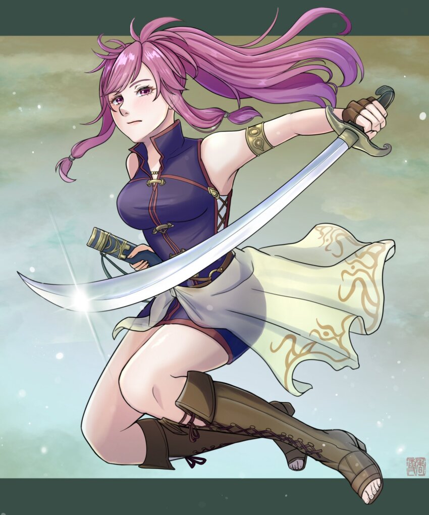 1girl armband bare_shoulders breasts brown_footwear fingerless_gloves fire_emblem fire_emblem:_the_sacred_stones full_body gloves highres holding holding_sword holding_weapon kousetu0506 long_hair looking_at_viewer marisa_(fire_emblem) medium_breasts nintendo pink_eyes pink_hair solo sword thighs toeless_footwear weapon