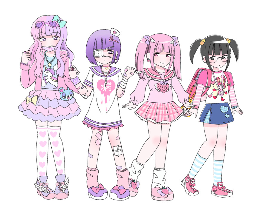 4girls aqua_bow backpack bag bandaged_arm bandages bandaid bandaid_on_arm bandaid_on_leg berrie_(mezzo_piano) black_hair blue_skirt blue_socks blunt_bangs blush bow bow_skirt bowtie boxcutter character_print child choker clothes_writing cloud_print cross cross_print denim denim_skirt dress earrings eyepatch eyewear_on_head ezaki_bisuko fashion food food-themed_earrings food_themed_earrings frilled_dress frilled_skirt frills fruit glasses hair_bobbles hair_bow hair_ornament hamster_print hamtaro hamtaro_(series) hat heart heart-shaped_eyewear heart_print heart_ring heisei_retro hexagram holding holding_boxcutter hood hood_down hoodie jewelry jojifuku layered_sleeves long_hair long_sleeves looking_at_viewer loose_socks medical_eyepatch medium_hair mezzo_piano mini_hat multicolored_hair multiple_girls necklace nurse_cap open_clothes open_hoodie original pendant petticoat pill pill_earrings pink_bow pink_eyes pink_hair pink_hoodie pink_sailor_collar pink_serafuku pink_shirt pink_shoes pink_skirt pink_socks plaid_clothes plaid_skirt pleated_skirt pouch print_bag print_dress print_footwear print_shirt print_skirt print_thighhighs purple_bow purple_bowtie purple_eyes purple_footwear purple_hair purple_sailor_collar purple_skirt randoseru red_bag sailor_collar sailor_dress school_uniform scissors_hair_ornament serafuku shirt shoes short_hair short_sleeves short_twintails sidelocks simple_background skirt smile sneakers socks solo_focus split-color_hair standing star_(symbol) star_necklace strawberry strawberry_earrings striped_clothes striped_sleeves striped_socks stuffed_toy sunglasses t-shirt tamagotchi tamagotchi_(classic) tamagotchi_(virtual_pet) thermometer thighhighs twintails two-tone_hair two-tone_skirt two-tone_socks unicorn_print virtual_pet_(toy) white_background white_dress white_hat white_socks white_thighhighs wing_hair_ornament winged_footwear yami_kawaii yellow_bag yellow_bow yume_kawaii zettai_ryouiki