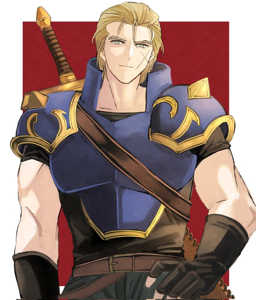 1boy armor blonde_hair blue_armor commentary_request cross_scar fingerless_gloves fire_emblem fire_emblem:_mystery_of_the_emblem gloves hair_slicked_back highres male_focus nintendo ogma_(fire_emblem) omlililimo scar scar_on_face short_hair solo sword sword_on_back weapon weapon_on_back